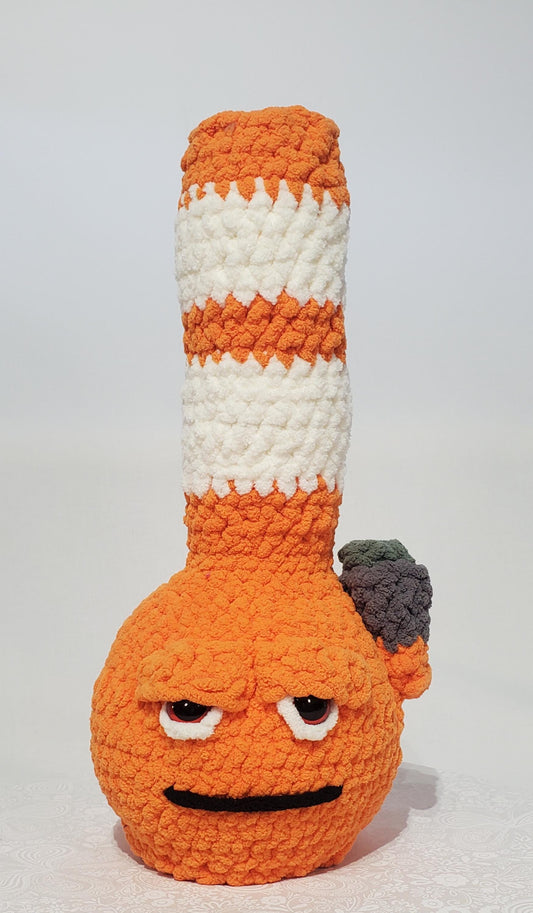 B5: Crochet Bong, Orange and White, made with 100% polyester, soft blanket yarn, has safety eyes, 15" x 6", 9 oz