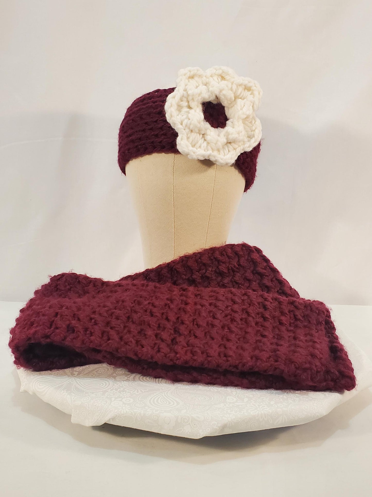 Crochet Ear Warmer and Scarf Set, Maroon