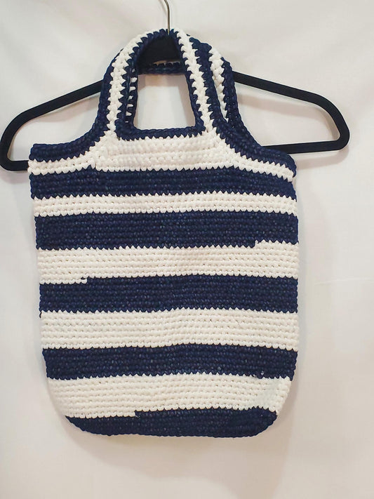 Item #53: Crochet tote, blue and white, 14" tall, 12 1/2" wide, Made with outdoor yarn - 68% acrylic/32 nylon