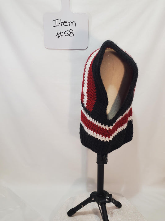 Item #58: Crochet Hood, Black, White And Maroon, Children's Size,  Made With 100% Acrylic Chunky Yarn