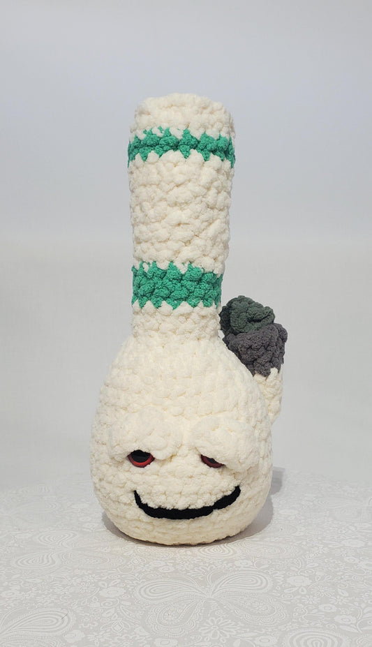 B11: Crochet Bong, White and Teal, made with 100% polyester, soft blanket yarn, has safety eyes, approx. 11" x 4", 7 oz