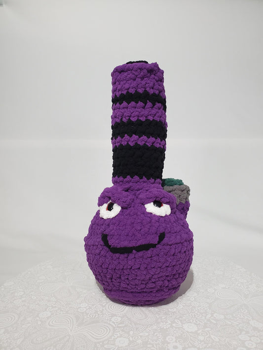 B10: Crochet Bong, Purple and Black, made with safety eyes, soft 100% polyester yarn, approx. 13" x 5", approx. 9 oz