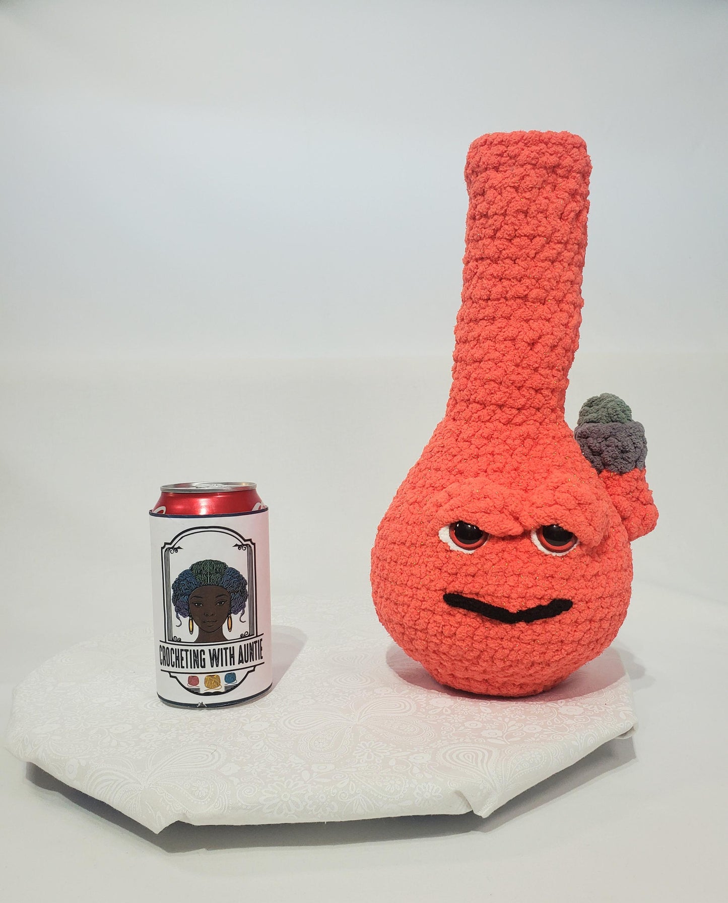 B17: Crochet Bong, Orange, made with soft 100% polyester blanket yarn and safety eyes, approx. 12" x 6", 11 oz