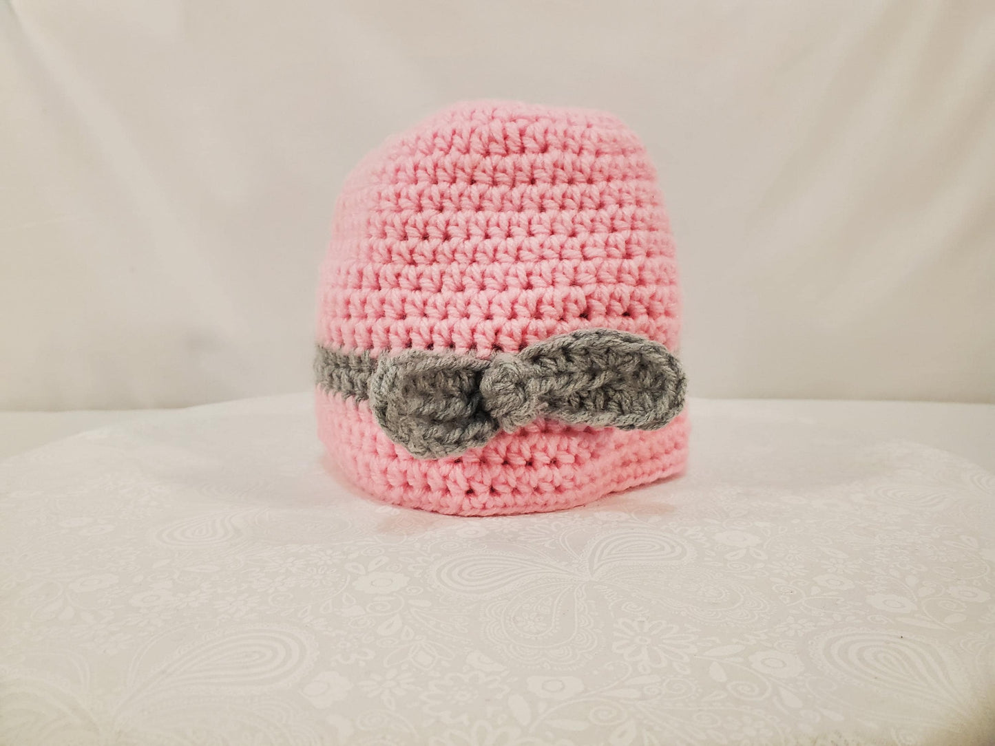 Crochet Beanie, Pink With Grey Bow