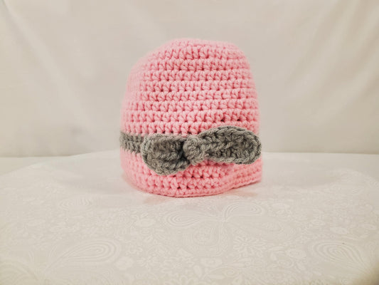 Crochet Beanie, Pink With Grey Bow