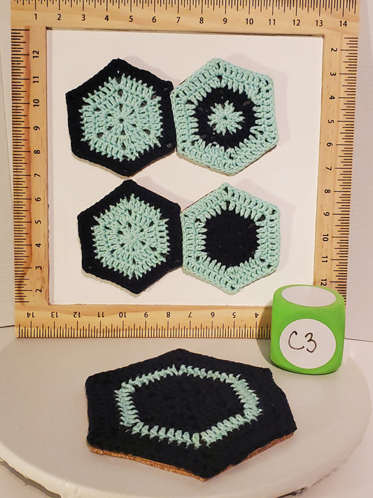 C3: Glow in the Dark Coaster set, hexagon shaped, made with cotton yarn, cork backed