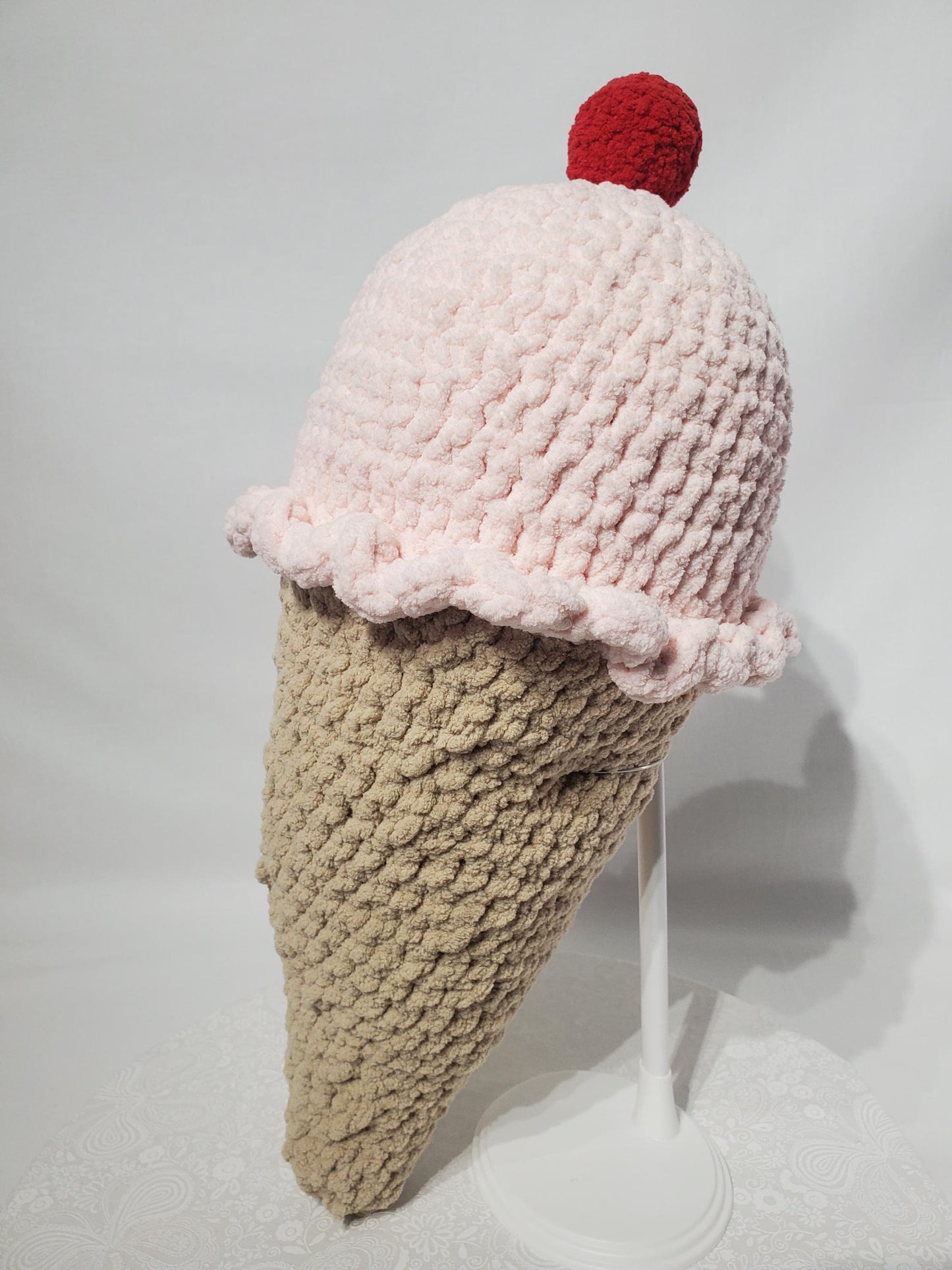 T25: Crochet Ice Cream Cone Plushie / Pillow, made with soft blanket yarn (100% polyester)  and fiber fill, approx. 19" x 8 "