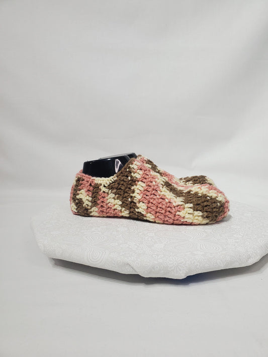 Item #6: Crochet slippers, Women's 9/10 - Men's 7/8, Brown pink and off white,  100% acrylic yarn