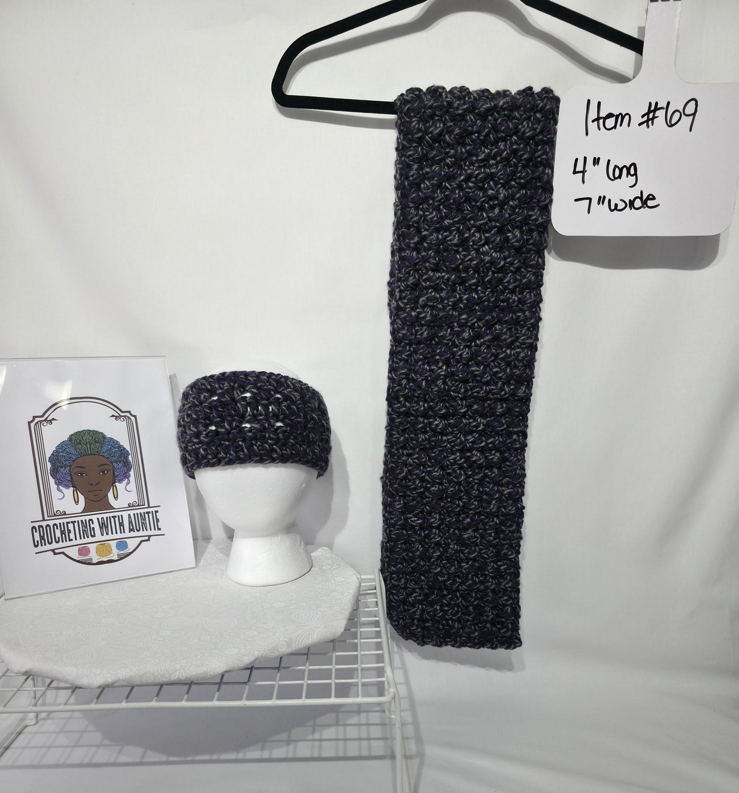 Crochet Ear Warmer and Scarf, Purple And Gray