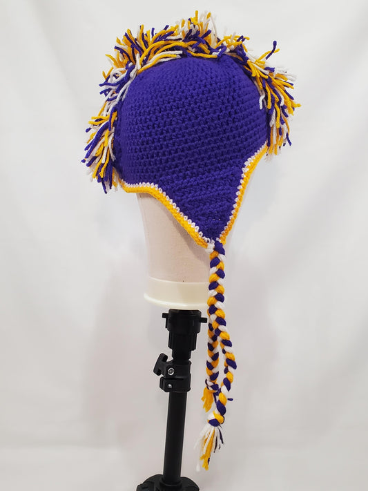 Item #38: MN Vikings Inspired Crochet Mohawk Hat, Size Child (4y-10y), Made From 100% Acrylic Yarn