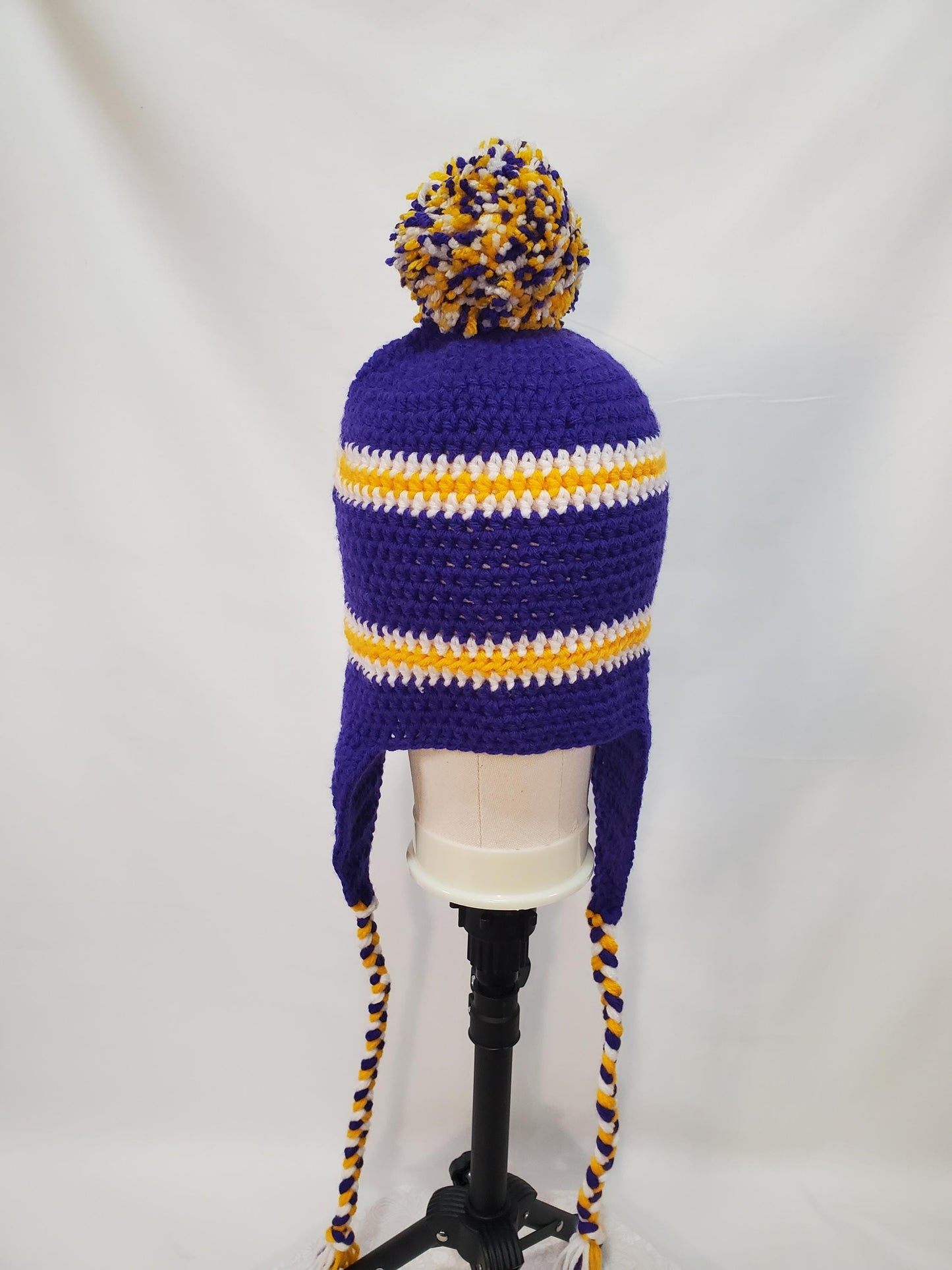 Item #30: MN Vikings Inspired Crochet Ear Flap Hat, Size - Adult Medium, Made From 100% Acrylic Yarn