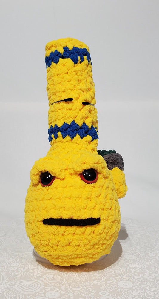B3: Crochet Bong, yellow and blue, made with 100% polyester, soft blanket yarn, has safety eyes, 10" x 4", 5 oz