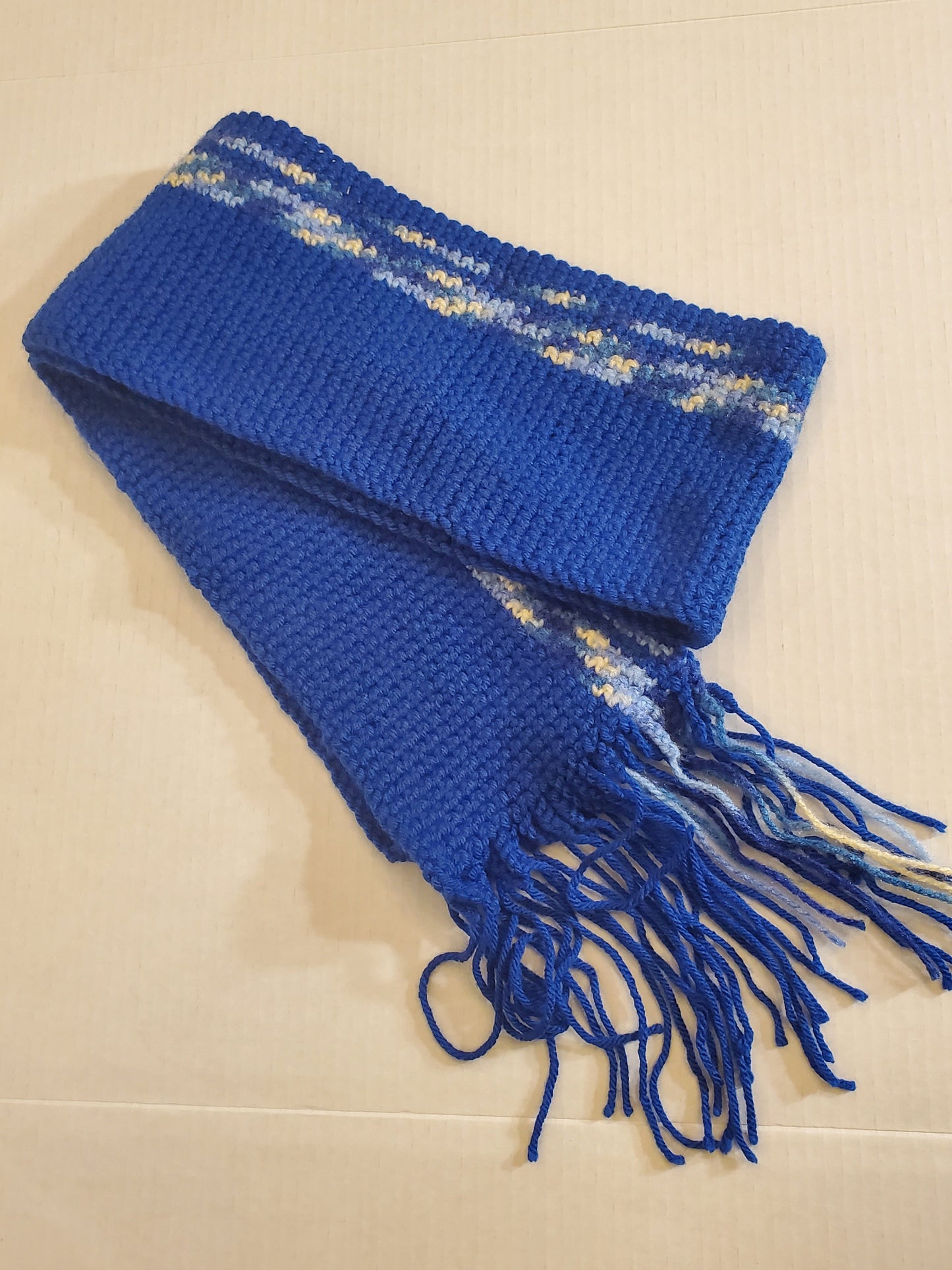 Item #62: Crochet Scarf, Blue, 4 Ft Long, 5 In Wide, Made With 100% Acrylic Yarn