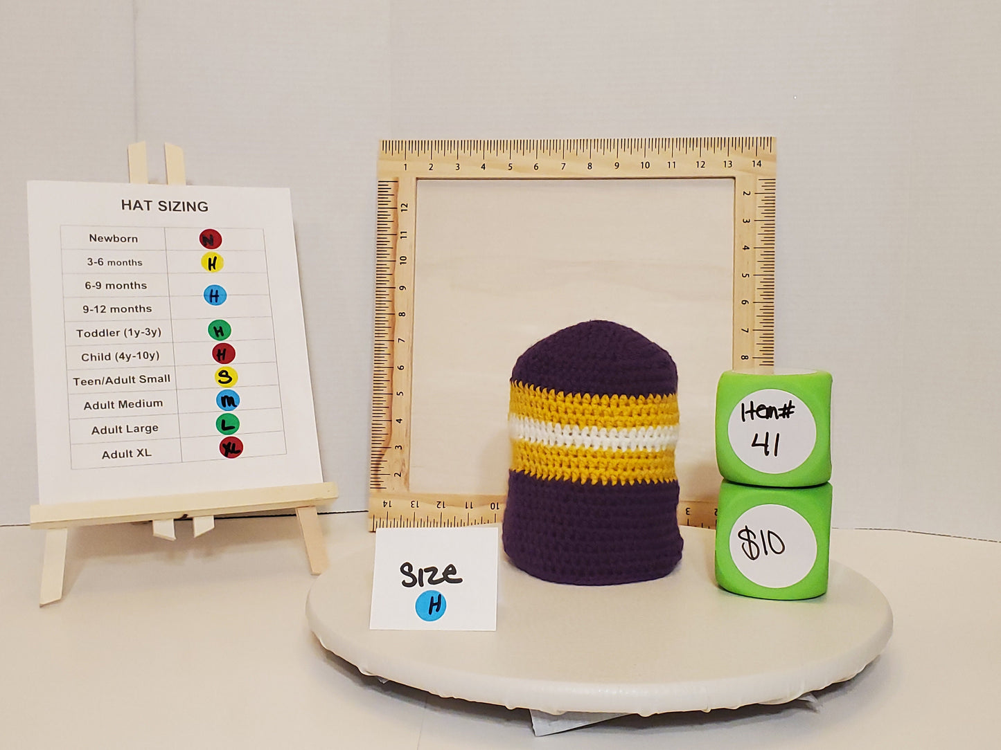 Item #41: MN Vikings Inspired Crochet Beanie, Size 6-9 Months, Made From 100% Acrylic Yarn
