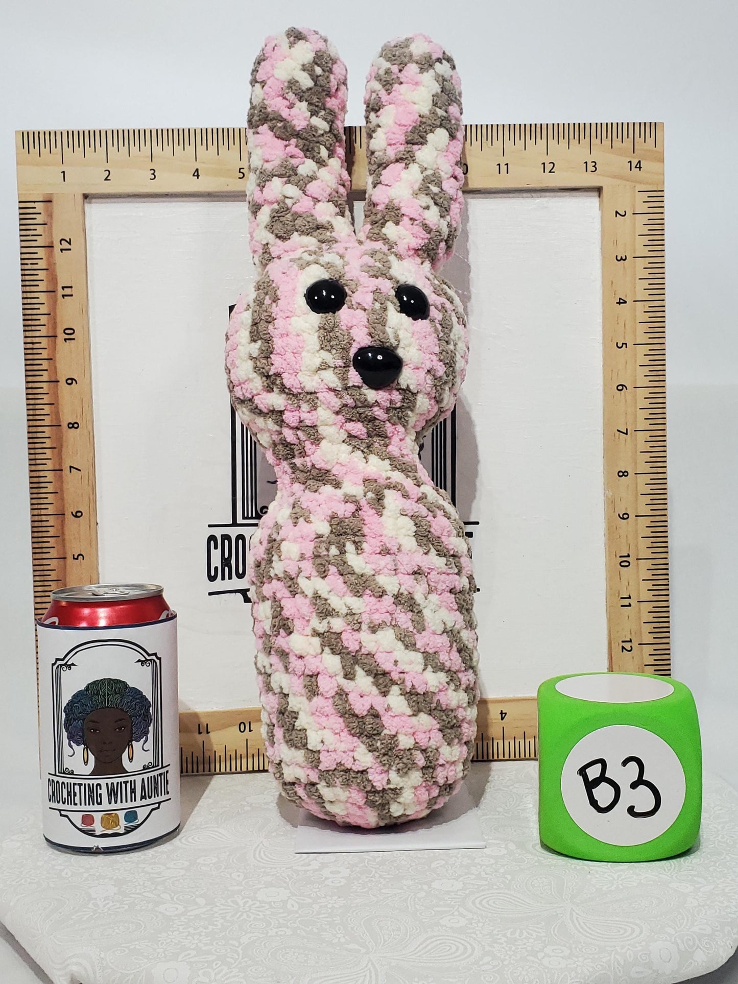 Crochet Bunny Stuffy / Plush Toy, Pink - White - Grey