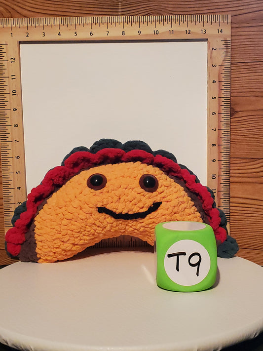 T9: Crochet Taco Stuffie / Plush Toy, made with soft blanket yarn and plastic safety eyes