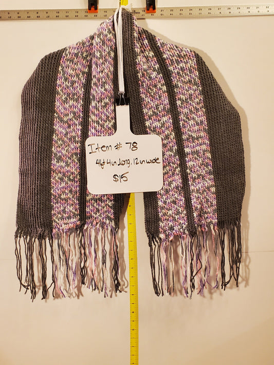Item #78: Crochet Scarf, Gray And Pink, 4' 4" Long, 12" Wide, Made With 100% Acrylic Yarn
