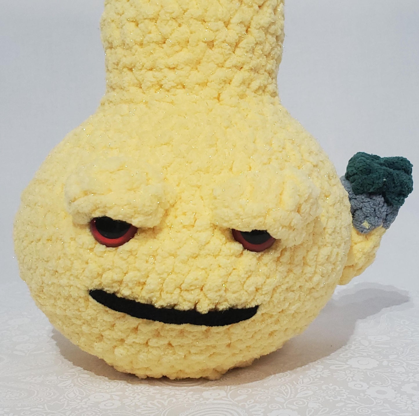 B16: Crochet Bong, yellow and white, made with safety eyes, soft 100% polyester yarn, approx. 12" x 7", approx. 11 oz