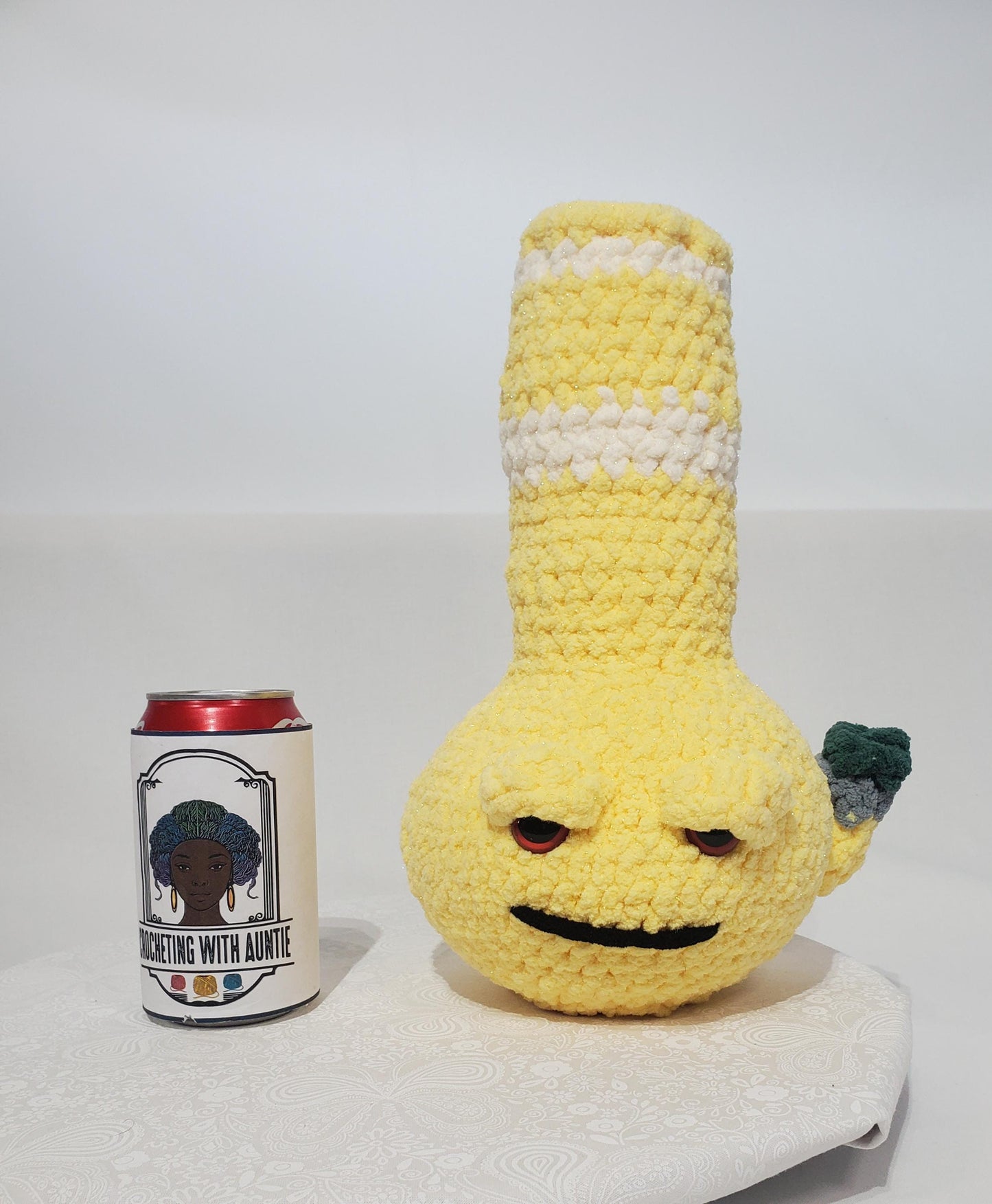 B16: Crochet Bong, yellow and white, made with safety eyes, soft 100% polyester yarn, approx. 12" x 7", approx. 11 oz