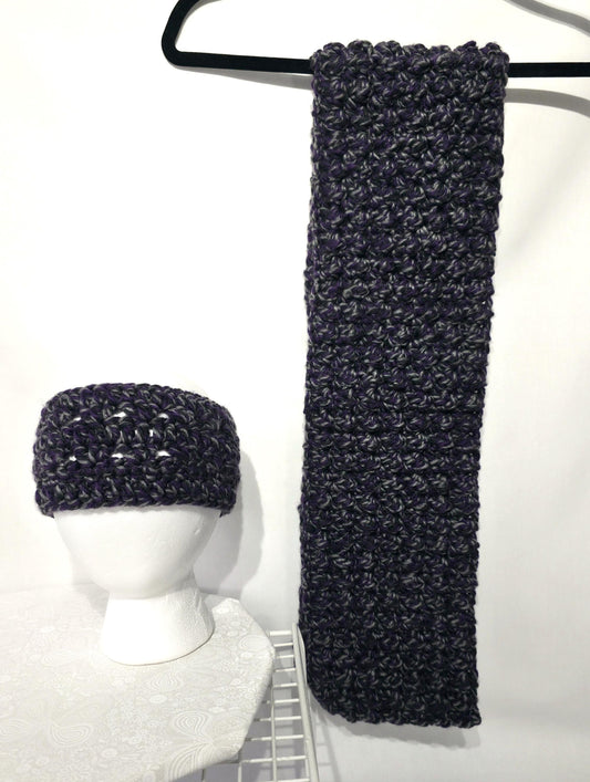 Crochet Ear Warmer and Scarf, Purple And Gray