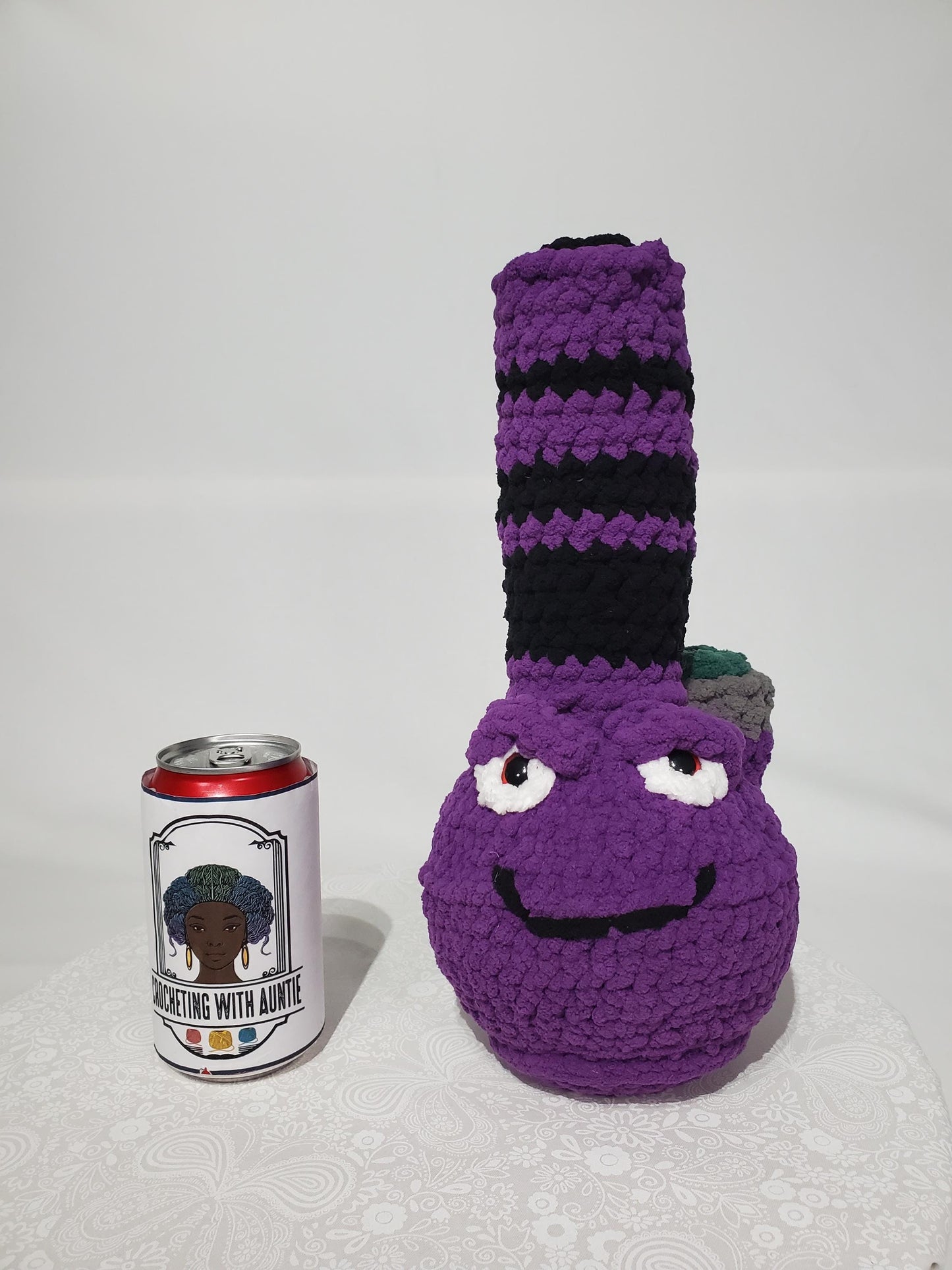 B10: Crochet Bong, Purple and Black, made with safety eyes, soft 100% polyester yarn, approx. 13" x 5", approx. 9 oz