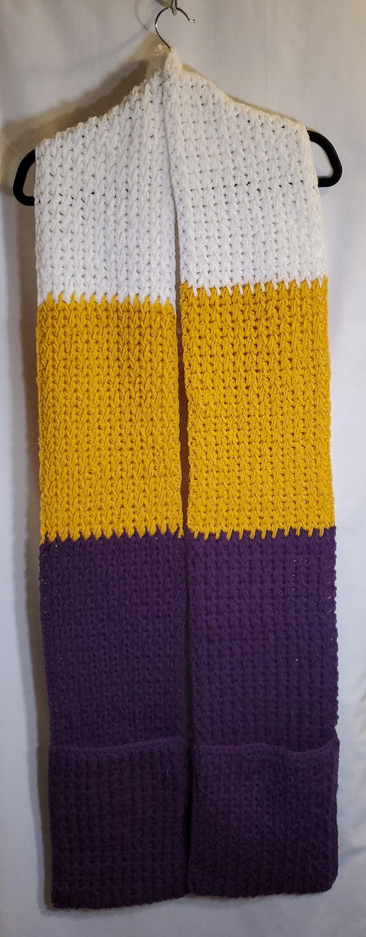 V7: MN Vikings Inspired Scarf with Pockets, 8 ft long, 8 in wide, pockets 11 in deep