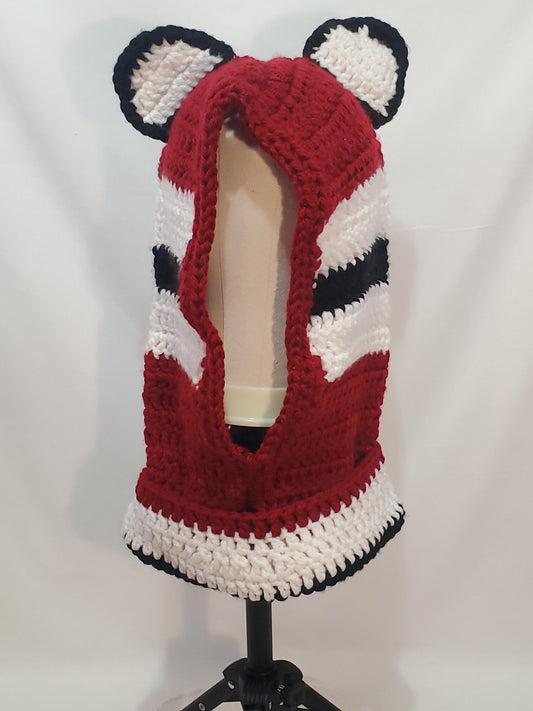 Item #55: Crochet Hood/Hat, Black, White & Maroon,