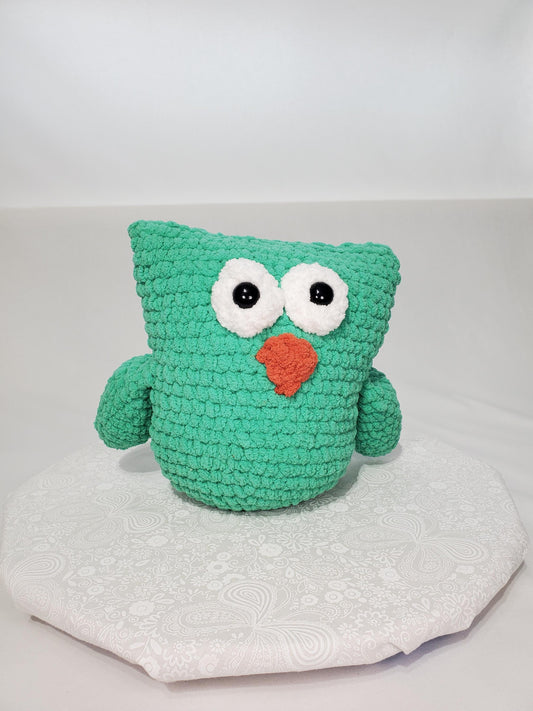 Crochet stuffed animal owl, teal, made with soft blanket yarn  (100% Polyester) and safety eyes, approximately 10 inches tall