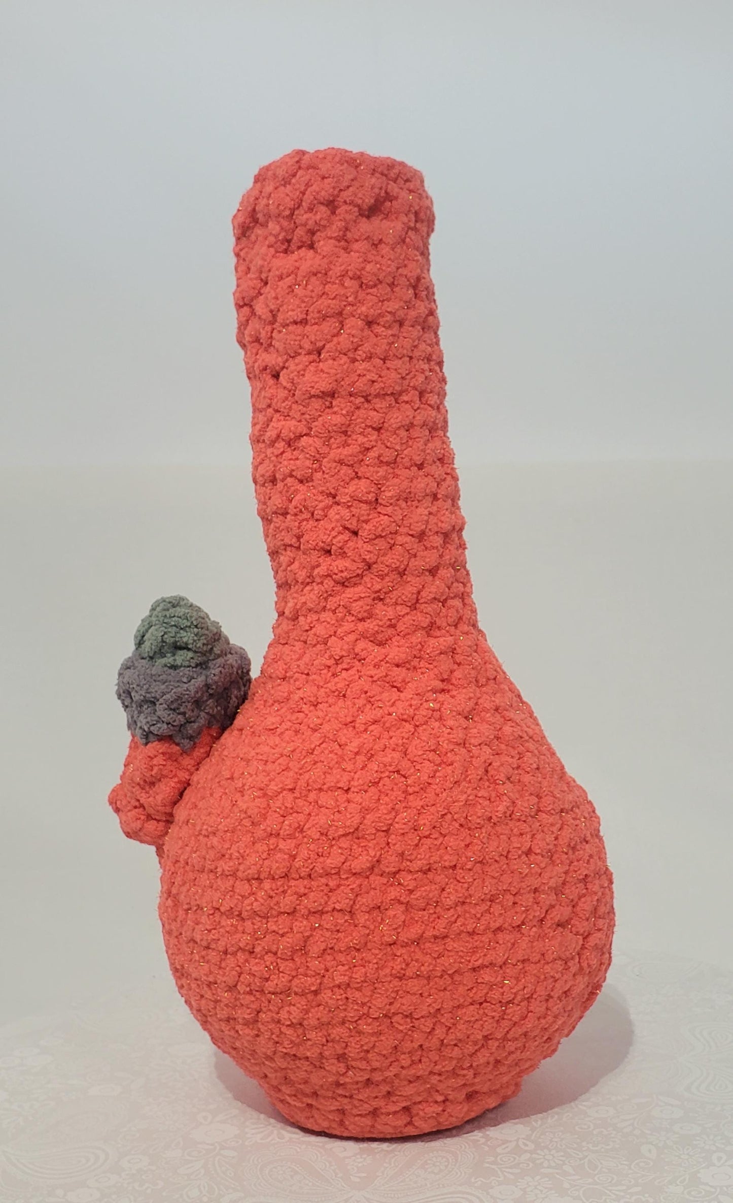 B17: Crochet Bong, Orange, made with soft 100% polyester blanket yarn and safety eyes, approx. 12" x 6", 11 oz