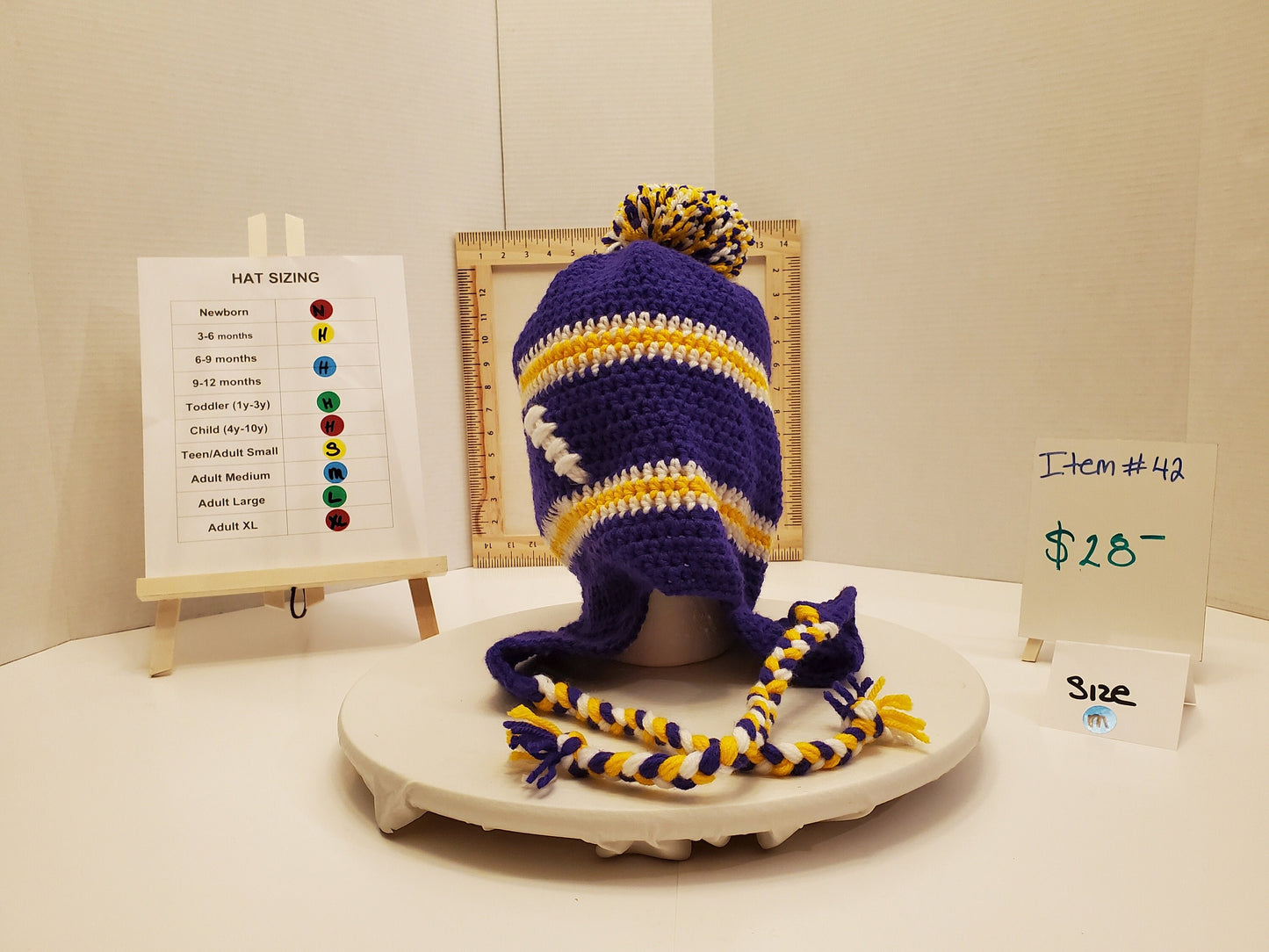 Item #42: MN Vikings Inspired Crochet Ear Flap Hat, Size - Adult Large, Made From 100% Acrylic Yarn