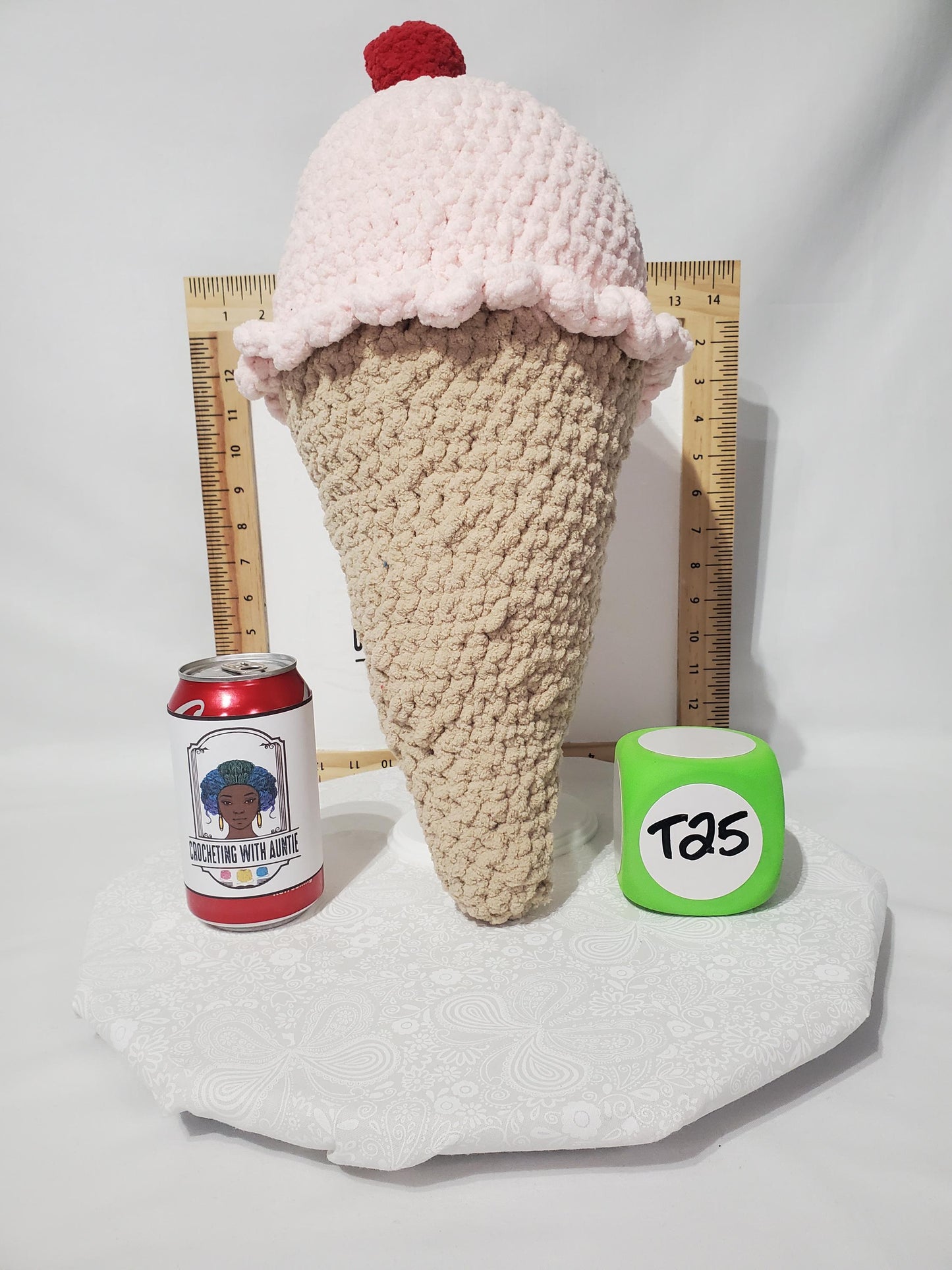 T25: Crochet Ice Cream Cone Plushie / Pillow, made with soft blanket yarn (100% polyester)  and fiber fill, approx. 19" x 8 "