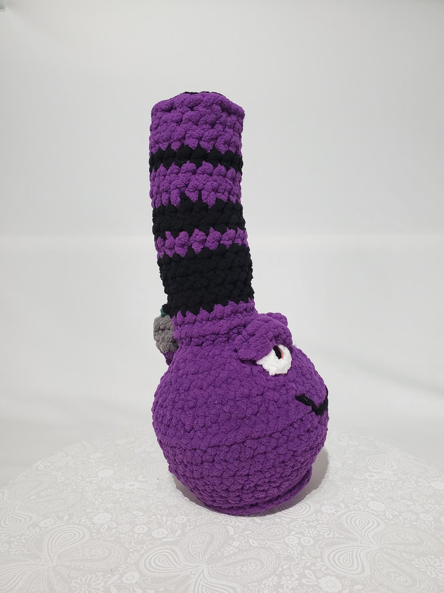B10: Crochet Bong, Purple and Black, made with safety eyes, soft 100% polyester yarn, approx. 13" x 5", approx. 9 oz
