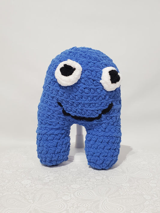 T22: Crochet Monster stuffy/plushy, blue, made with soft blanket yarn (100% Polyester) and safety eyes, approximately 10 inches tall