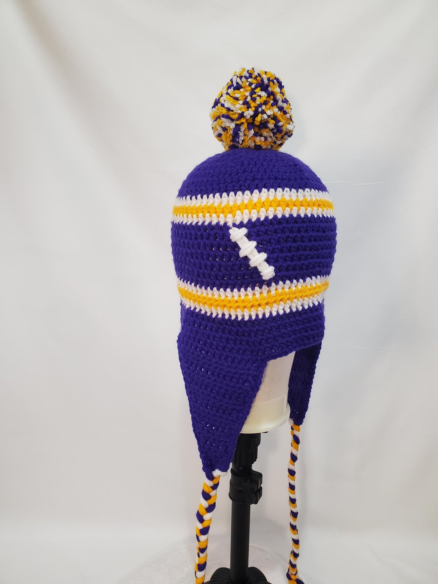 Item #30: MN Vikings Inspired Crochet Ear Flap Hat, Size - Adult Medium, Made From 100% Acrylic Yarn