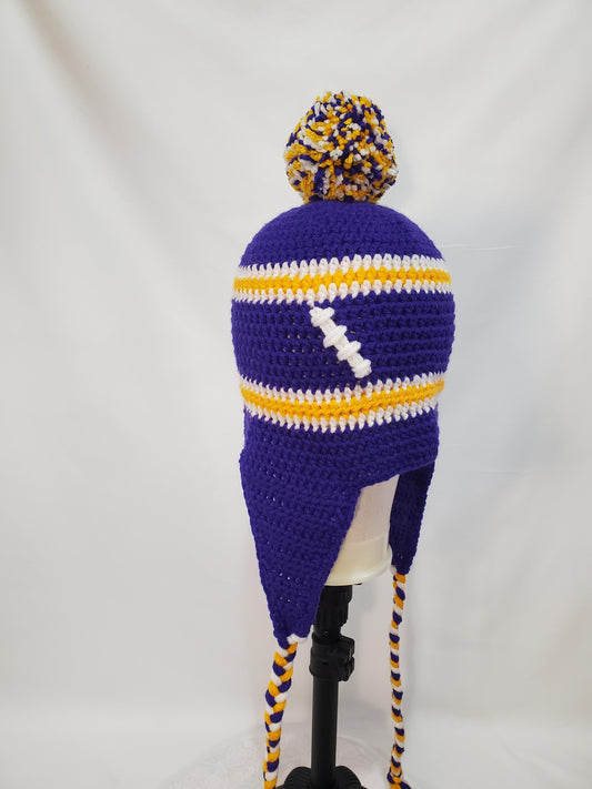 Item #30: MN Vikings Inspired Crochet Ear Flap Hat, Size - Adult Medium, Made From 100% Acrylic Yarn