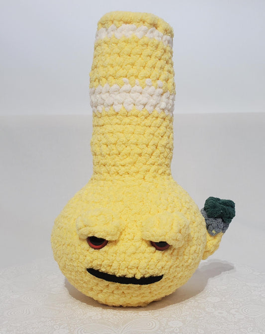 B16: Crochet Bong, yellow and white, made with safety eyes, soft 100% polyester yarn, approx. 12" x 7", approx. 11 oz