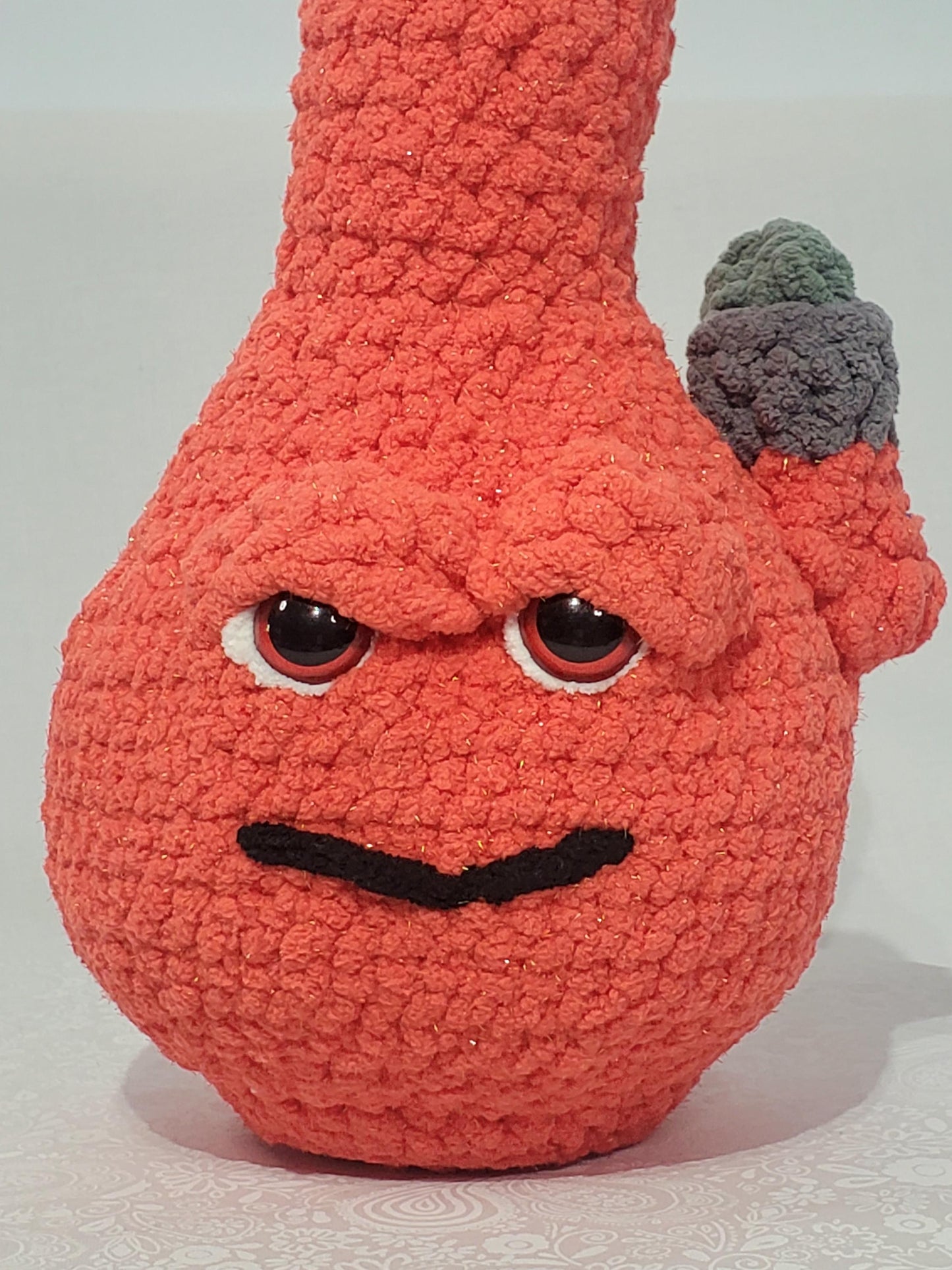 B17: Crochet Bong, Orange, made with soft 100% polyester blanket yarn and safety eyes, approx. 12" x 6", 11 oz
