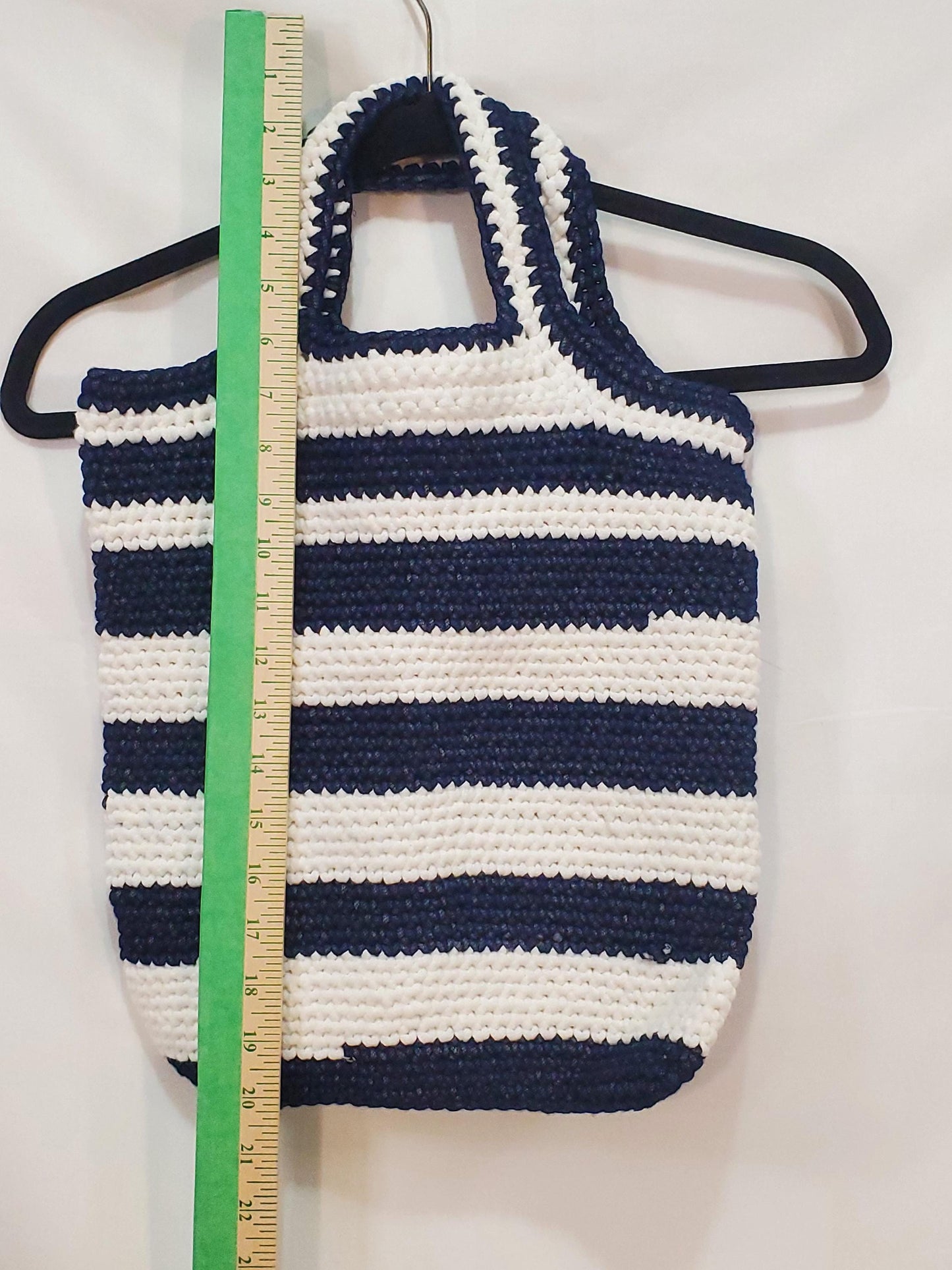 Item #53: Crochet tote, blue and white, 14" tall, 12 1/2" wide, Made with outdoor yarn - 68% acrylic/32 nylon