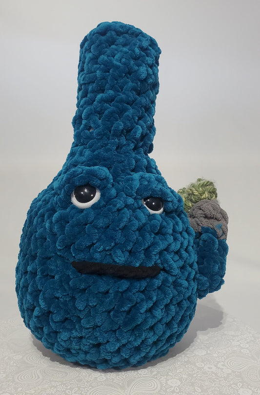 B18: Crochet Bong, Teal, made with 100% polyester soft blanket yarn and safety eyes, approx. 17" x 10", 1 lb 5 oz