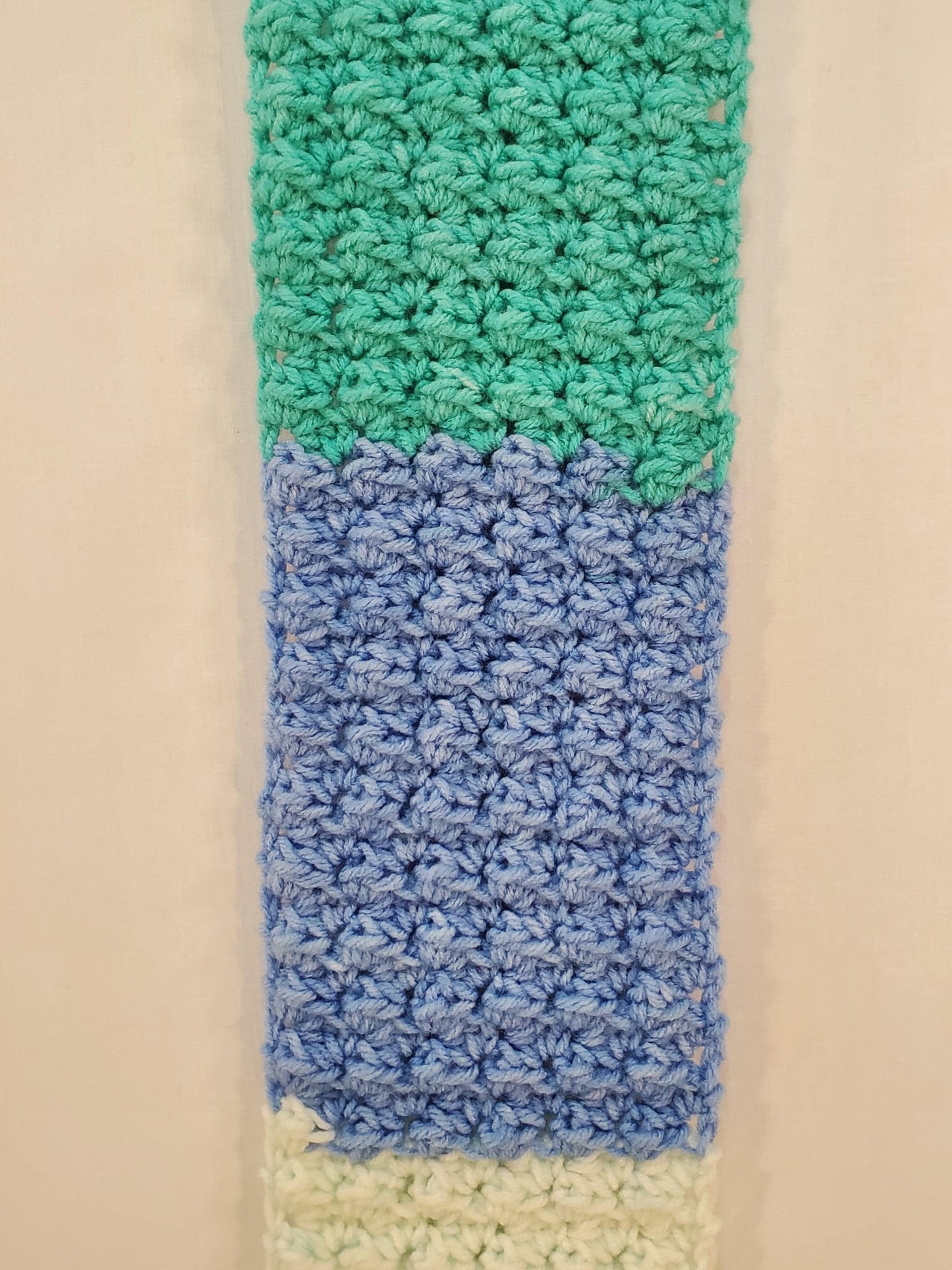 Crochet Hat and Scarf Set, Blue, White and Green
