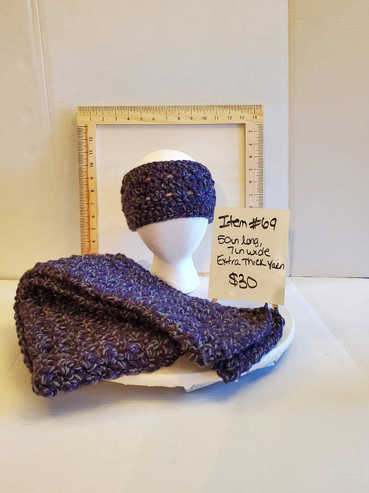 Item #69: Crochet Ear Warmer and Scarf, Purple And Gray, Sized Children's, Scarf 4' 2 " Long, 7" Wide, Made With 100% Acrylic Yarn