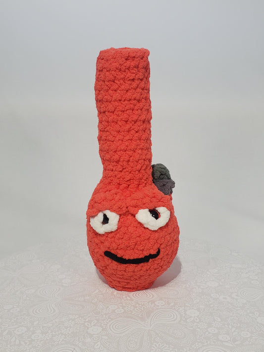 B14: Crochet Bong, Orange, made with 100% polyester, soft blanket yarn, and safety eyes, approx. 11" x 4", 6 oz