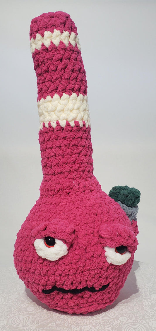 B8: Crochet Bong, Pink and white, made with 100% polyester, soft blanket yarn, and safety eyes, approx. 16" x 7", 13 oz