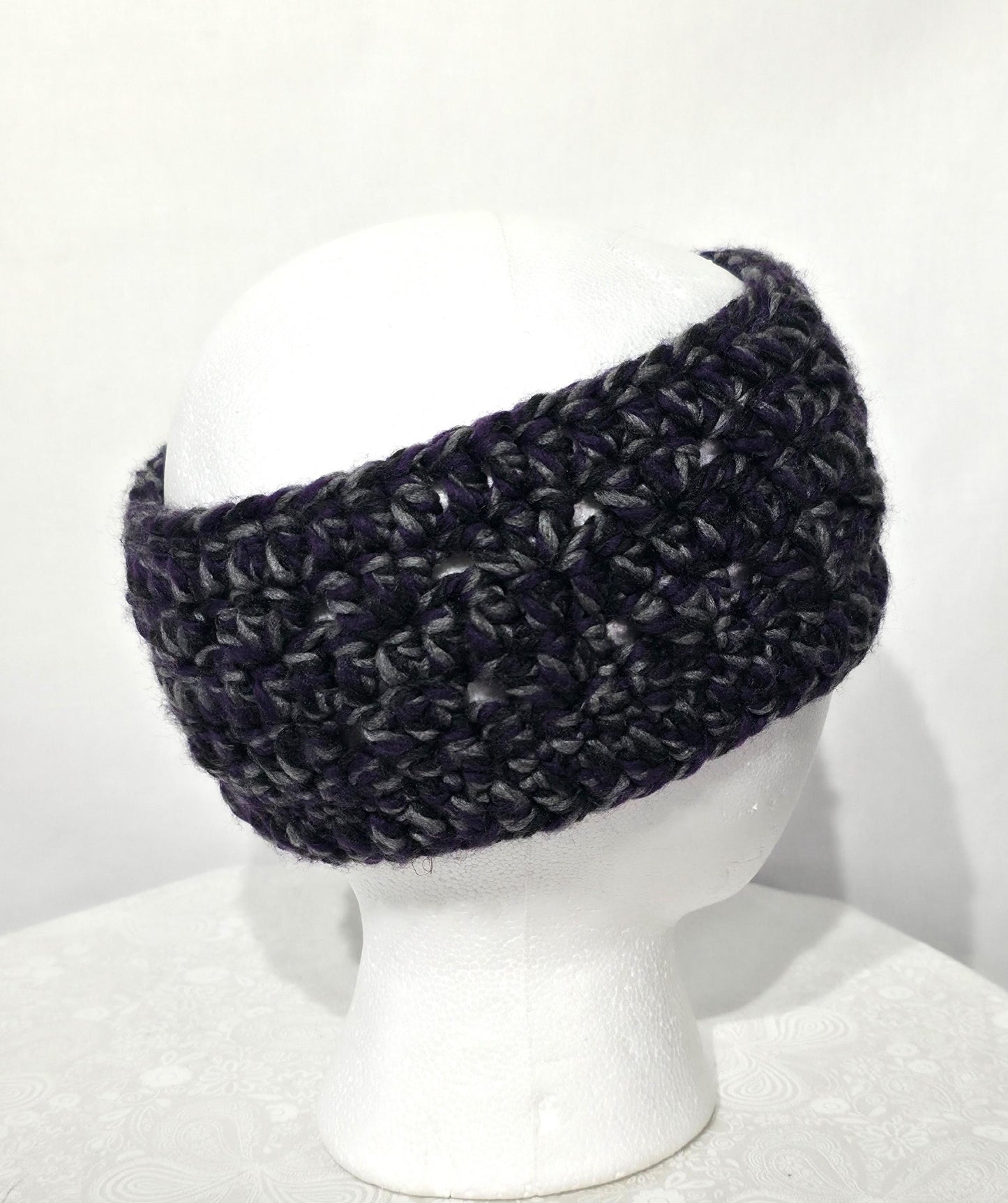 Crochet Ear Warmer and Scarf, Purple And Gray