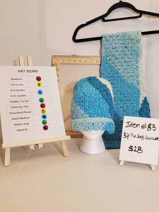 Item #83: Crochet Hat And Scarf Set, Multi Colors Of Blue, 3' 11" Long, 6" Wide, Size Child (4y-10y), Made With 100% Acrylic Yarn