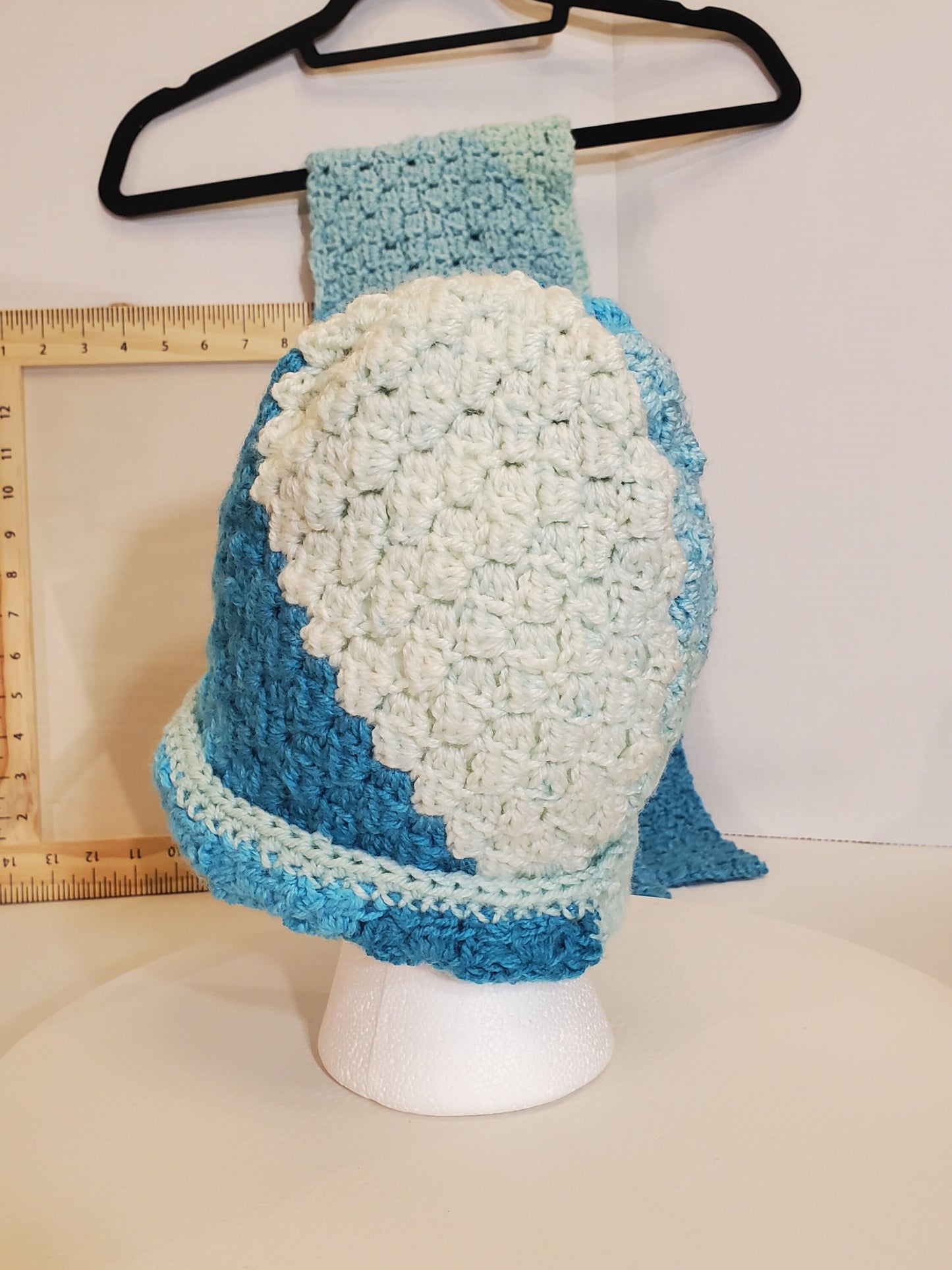 Item #83: Crochet Hat And Scarf Set, Multi Colors Of Blue, 3' 11" Long, 6" Wide, Size Child (4y-10y), Made With 100% Acrylic Yarn