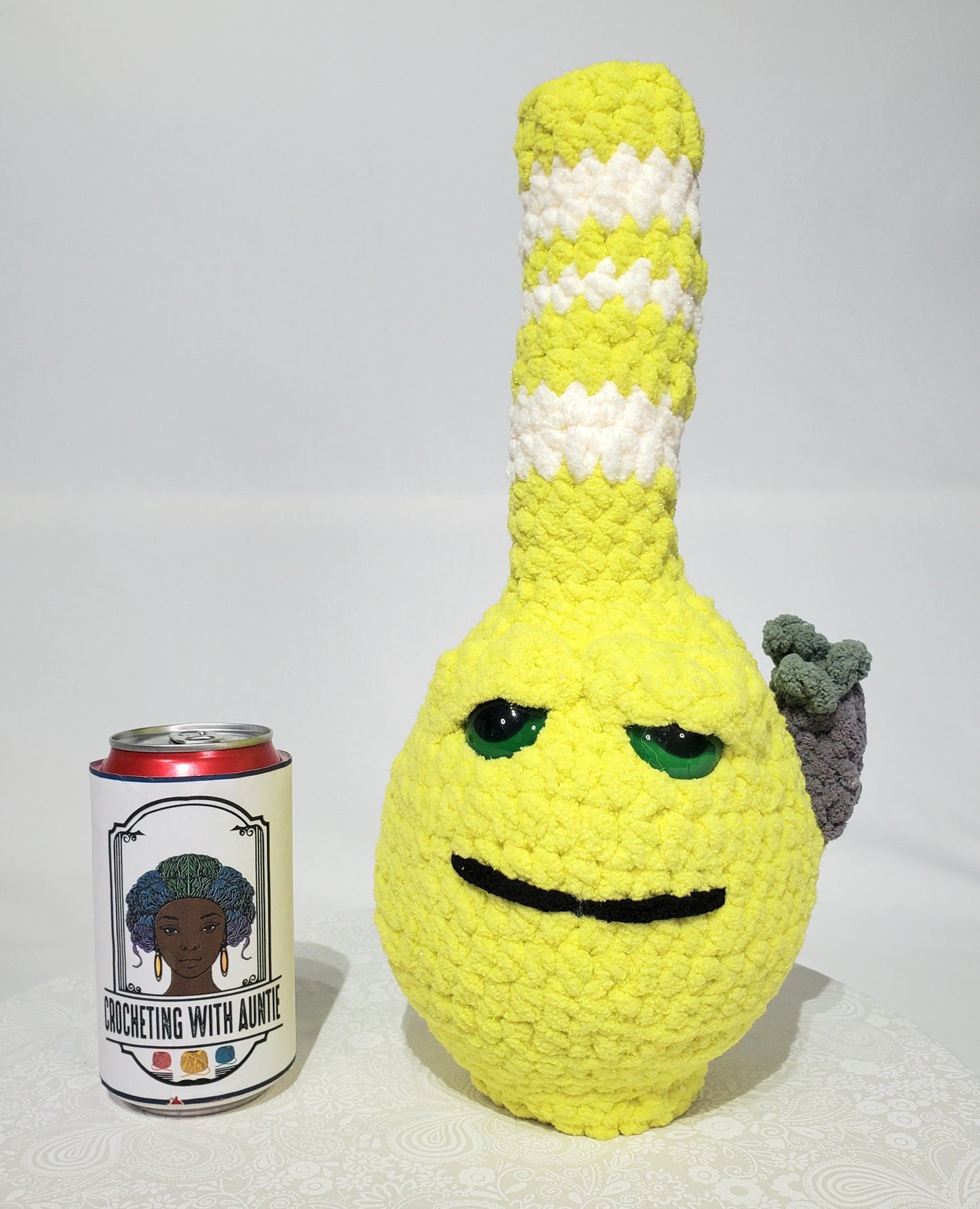 B4: Crochet Bong, Sparkle Lime Green and White, made with 100% polyester, soft blanket yarn, approx. 13" x 5", 10 oz