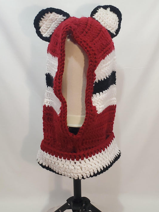 Item #55: Crochet Hood/Hat, Black, White & Maroon, Adult Sized, Made With 100% Acrylic Chunky Yarn