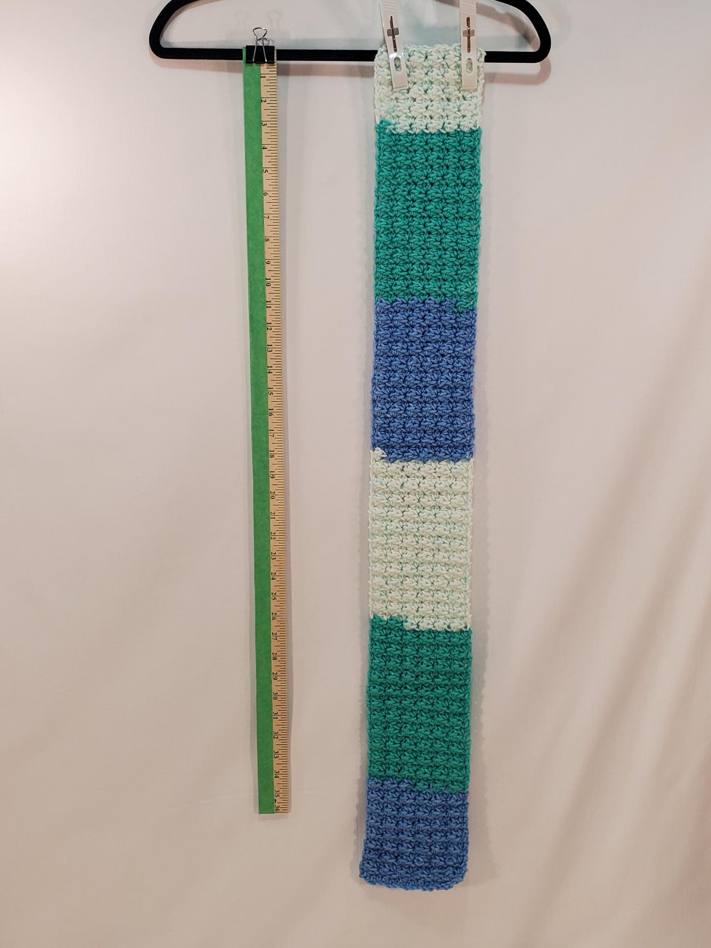 Crochet Hat and Scarf Set, Blue, White and Green