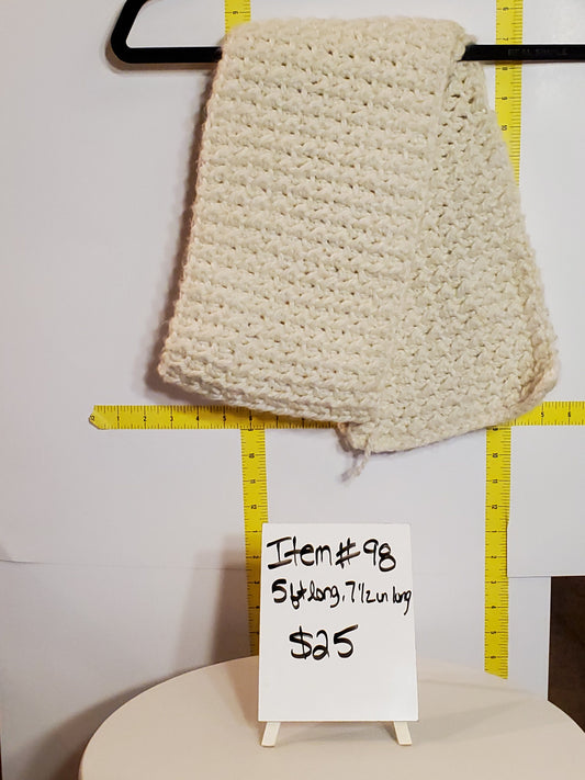 Item #98: Crochet Scarf, Off White, 5' Long, 7 And A 1/2 Inches Wide, Made With Extra Soft And Chunky 100% Acrylic Yarn